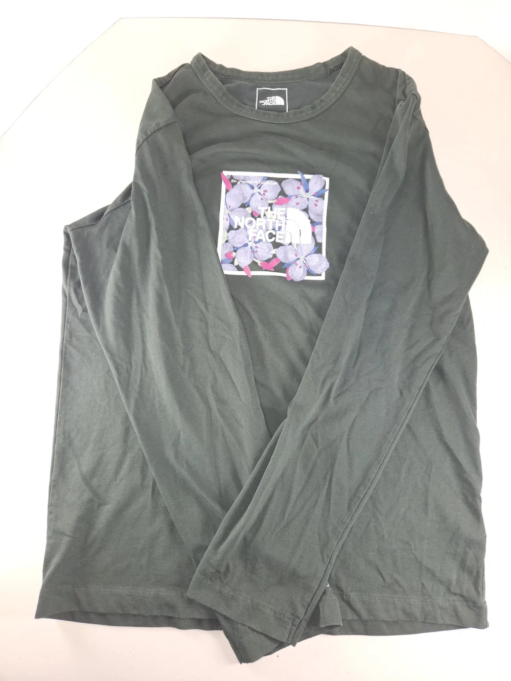 NORTH FACE Shirt Men Medium  Floral Logo Long Sleeve Dark Green Outdoors